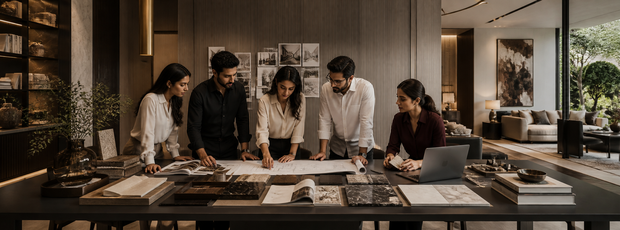 Interior designers reviewing drawings and material samples inside a luxury studio.
