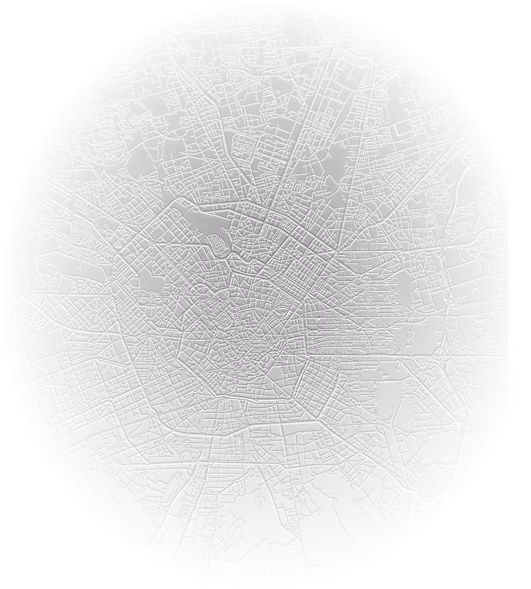 Embossed circular grayscale map showing detailed urban street layout and city blocks of South Delhi, India.