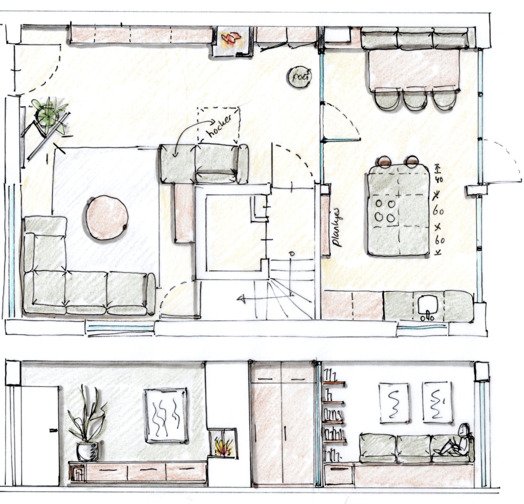 Hand-drawn interior space planning sketch showing layout, furniture placement and visual design before execution.